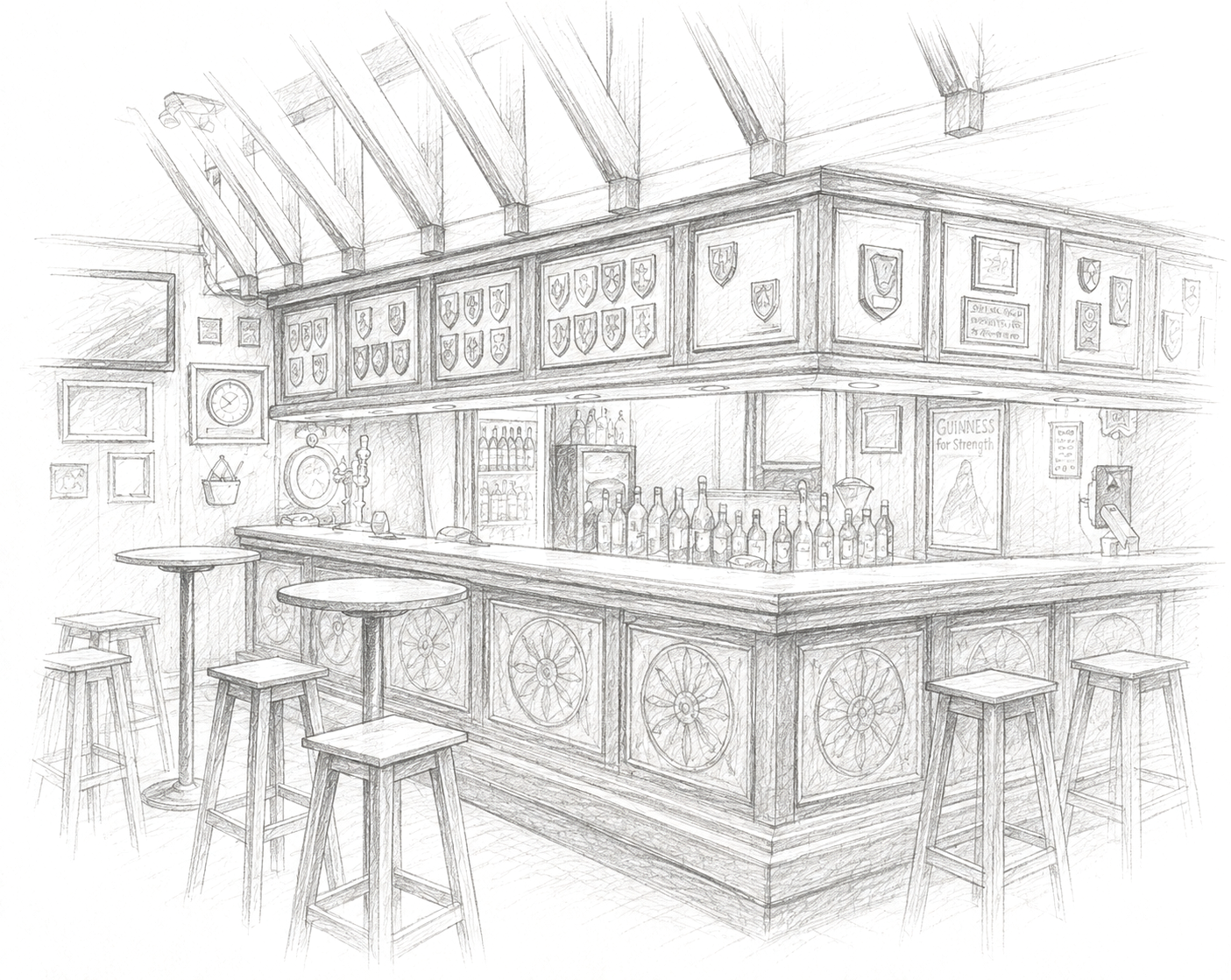 Dibujo del bar del club: barra de madera, banquetas, vigas a la vista y escudos en las paredes.
