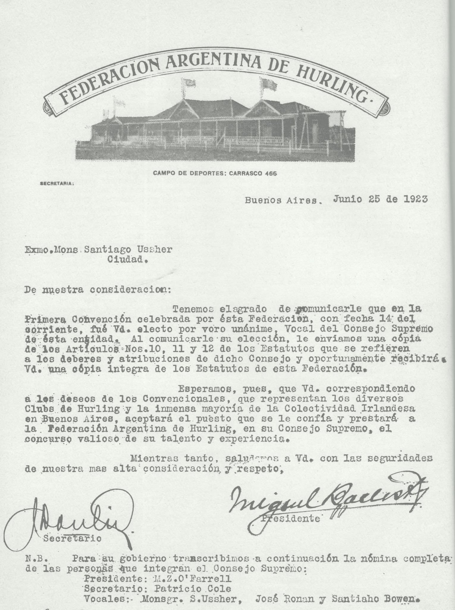 Carta de la Federación Argentina de Hurling de junio de 1923, firmada por su presidente Miguel Ballesty, dirigida a Mons. Santiago Ussher.