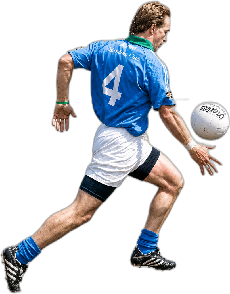 Jugador de fútbol gaélico del Hurling Club pateando la pelota.