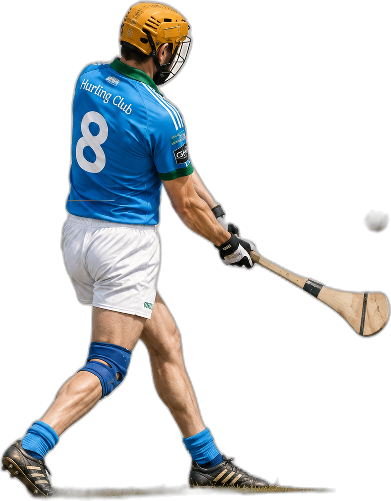 Jugador de hurling del Hurling Club golpeando la bocha con el palo.